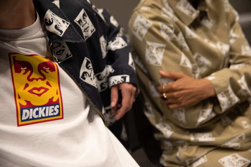 OBEY x Dickies Life Collection Lookbook Mens Womens Clothing Collaboration First Look Graphic Prints Unlined Eisenhower Jacket Work Shirt 873 Slim Straight Work Pant Face Logo