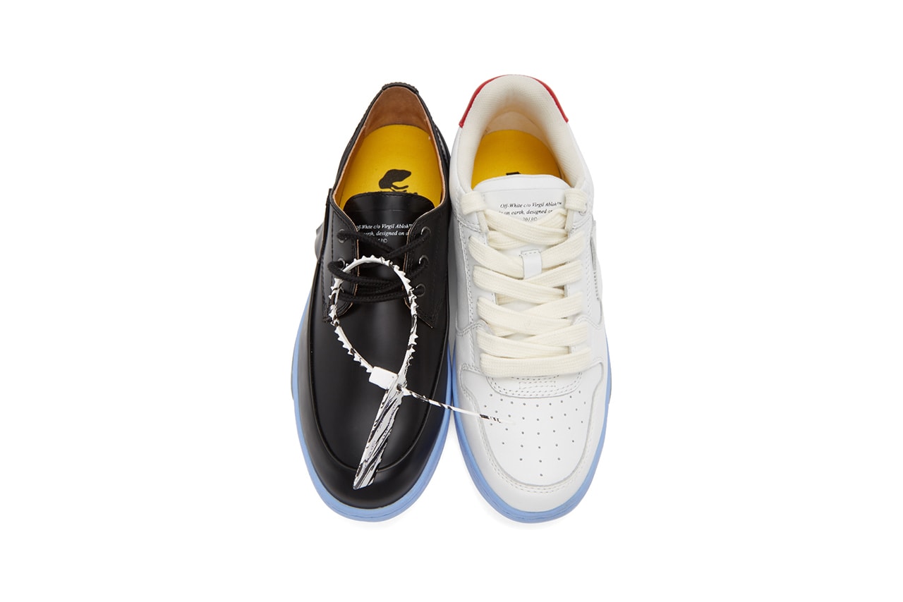 Off-White™ Black & White Half-Half Sneakers Mismatched Shoes Footwear Derby Leather Virgil Abloh Footwear Release Information Red Logo Arrows Cross X Marble Tag 