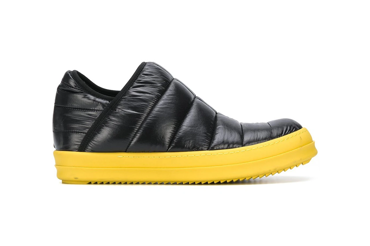 Rick Owens drkshdw quilted color block sneakers black yellow rubber sole info release Farfetch how much where to cop