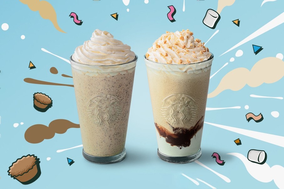Starbucks S'mores and Peanut Butter Cup Frappuccinos Food Beverage Announcement Drinks Summer Desserts Chocolate Marshmallow Coffee Syrup Digestive Biscuit Crumbs Whipped Cream United Kingdom Java Chips
