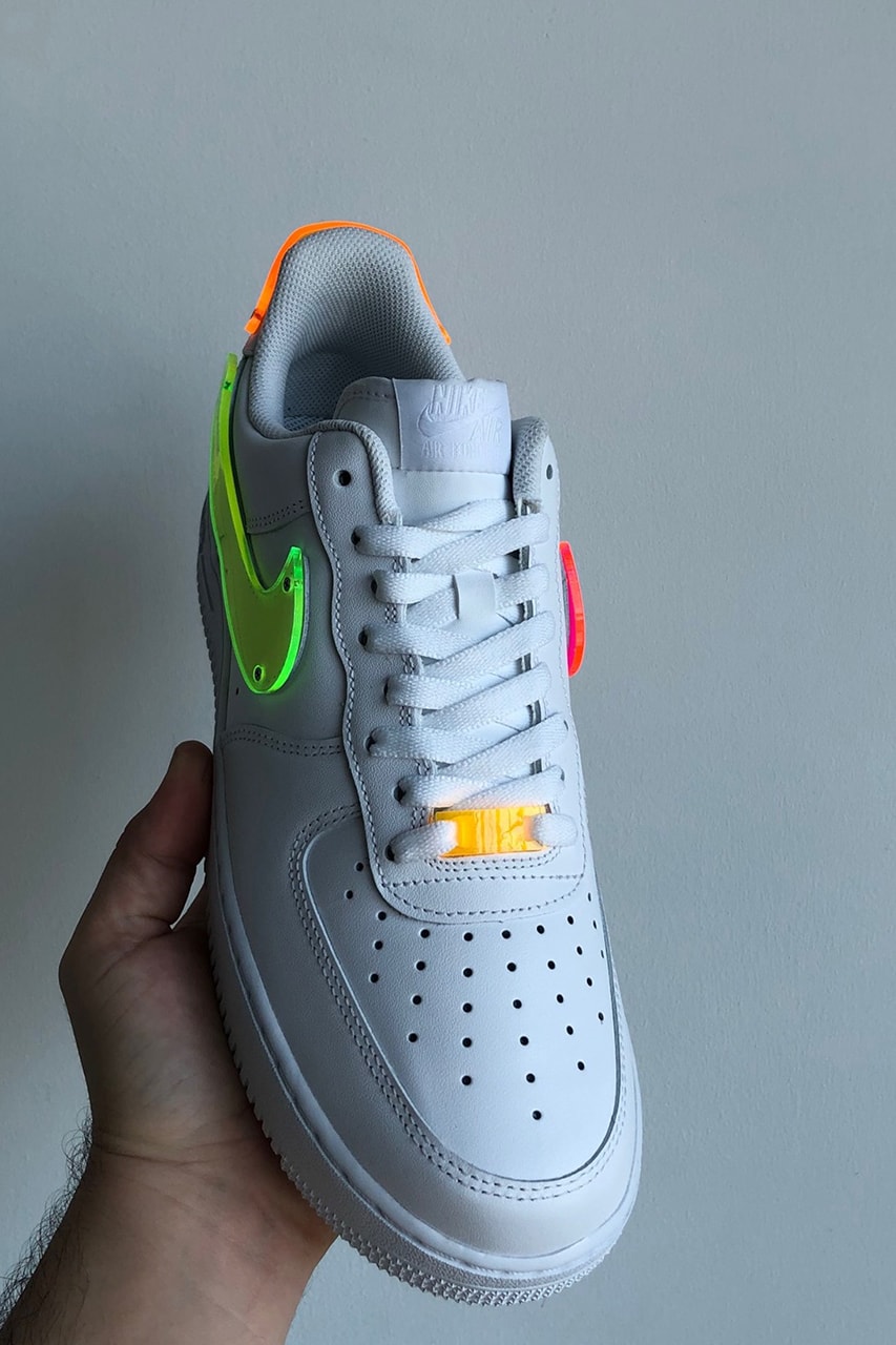 TBD In Process Custom Multi-Color Thermoformed Nike Air Force 1 "White" OG Sneaker Release Information Customized Closer First Look Footwear Drop Date Instagram Kicks Swoosh Neon
