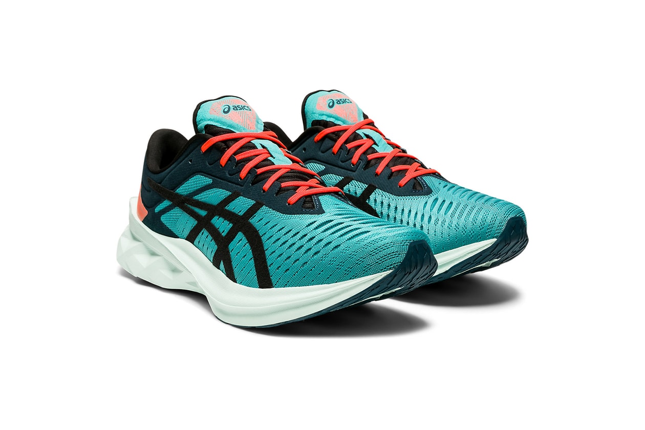 The ASICS NOVABLAST Sneaker Enhances Dynamic Movement Mr Shirley Black Cyan