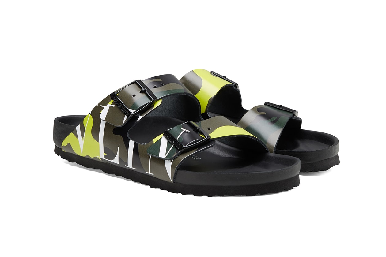 Valentino x Birkenstock Arizona Summer 2020 Collaboration Collection Sandals Pierpaolo Piccioli Shoes Footwear SS20 Runway VLTN Camouflage Print Pattern Motif Design Army Green-Brushwood Lime Drop Date Release Information Campaign