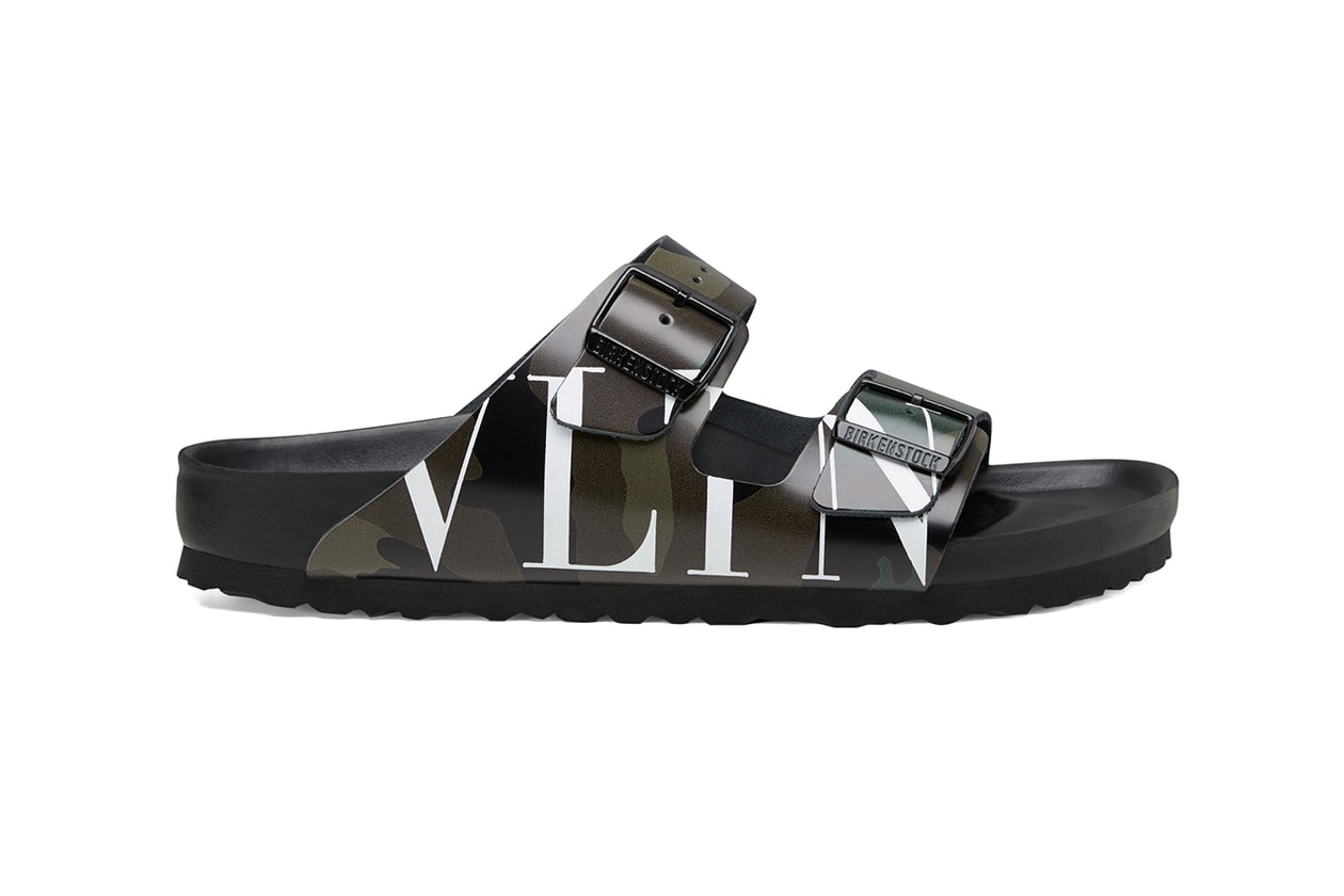 Valentino x Birkenstock Arizona Summer 2020 Collaboration Collection Sandals Pierpaolo Piccioli Shoes Footwear SS20 Runway VLTN Camouflage Print Pattern Motif Design Army Green-Brushwood Lime Drop Date Release Information Campaign