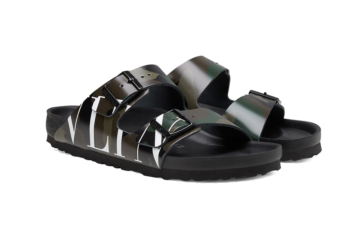 Valentino x Birkenstock Arizona Summer 2020 Collaboration Collection Sandals Pierpaolo Piccioli Shoes Footwear SS20 Runway VLTN Camouflage Print Pattern Motif Design Army Green-Brushwood Lime Drop Date Release Information Campaign