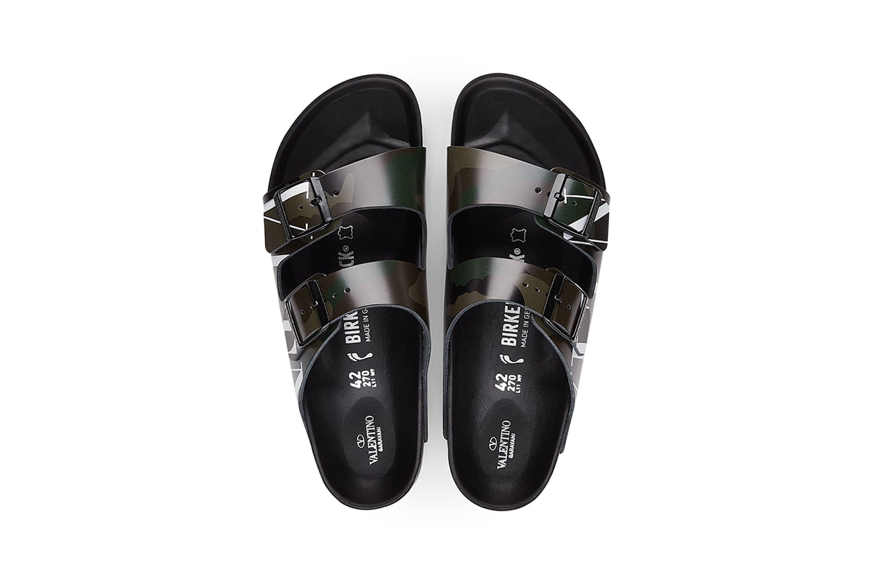Valentino x Birkenstock Arizona Summer 2020 Collaboration Collection Sandals Pierpaolo Piccioli Shoes Footwear SS20 Runway VLTN Camouflage Print Pattern Motif Design Army Green-Brushwood Lime Drop Date Release Information Campaign