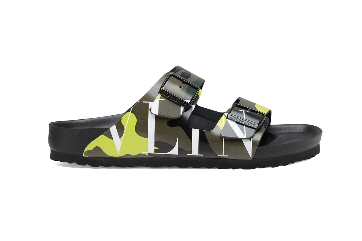 Valentino x Birkenstock Arizona Summer 2020 Collaboration Collection Sandals Pierpaolo Piccioli Shoes Footwear SS20 Runway VLTN Camouflage Print Pattern Motif Design Army Green-Brushwood Lime Drop Date Release Information Campaign
