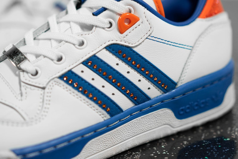 adidas Originals x Swarovski Rivalry Low "Cloud White/Blue/Orange" Sneaker Release Information Drop Date Three Stripes Trefoil Crystals Diamonds Sparkle Bling FX7469