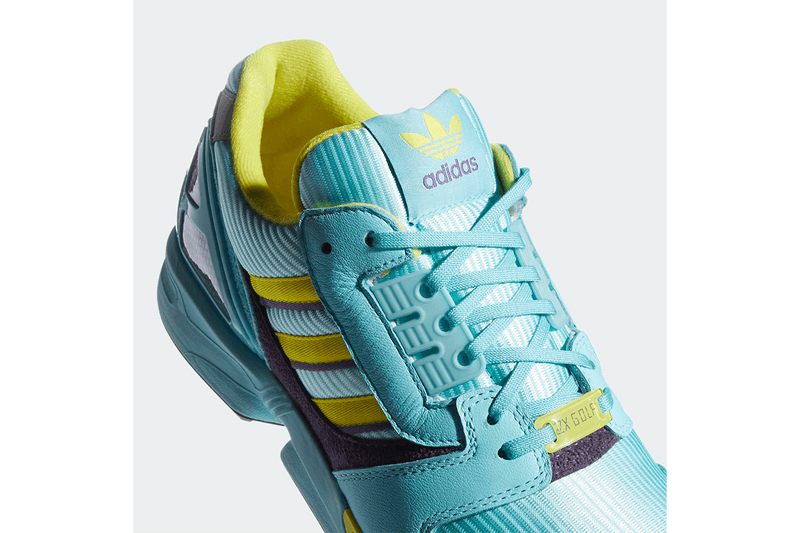 adidas ZX 8000 Golf "Aqua" "CLEAR AQUA / SHOCK YELLOW / LIGHT AQUA" FX0761 "A-ZX Series" Sneaker Footwear Release Information G Drop Date Golfing Sports Three Stripes Water Repellant Spikeless BOOST