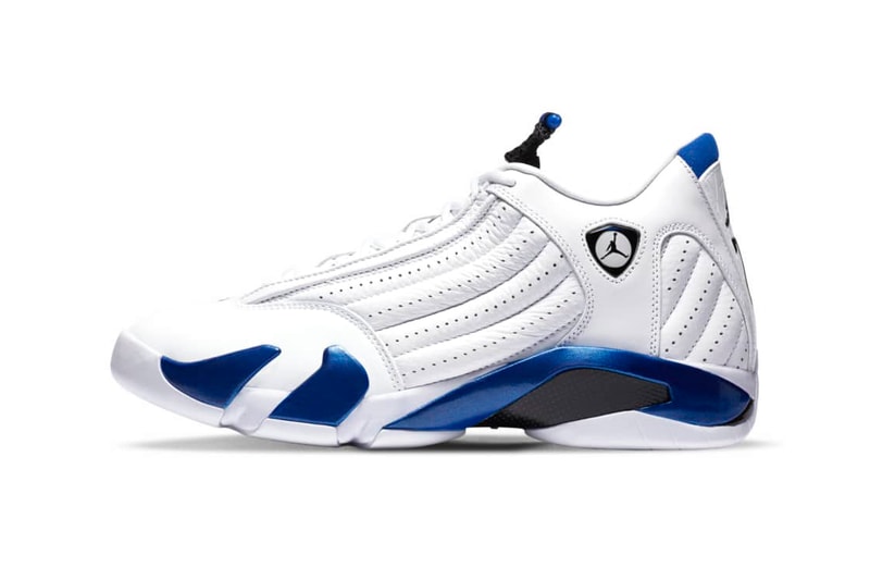 Air Jordan 14 "Hyper Royal" Release Information Basketball Sneaker Michael Jordan Flight AJ14 XIV Chicago Ferrari Logo Badge Jumpman Carbon Fiber Shank Supercars