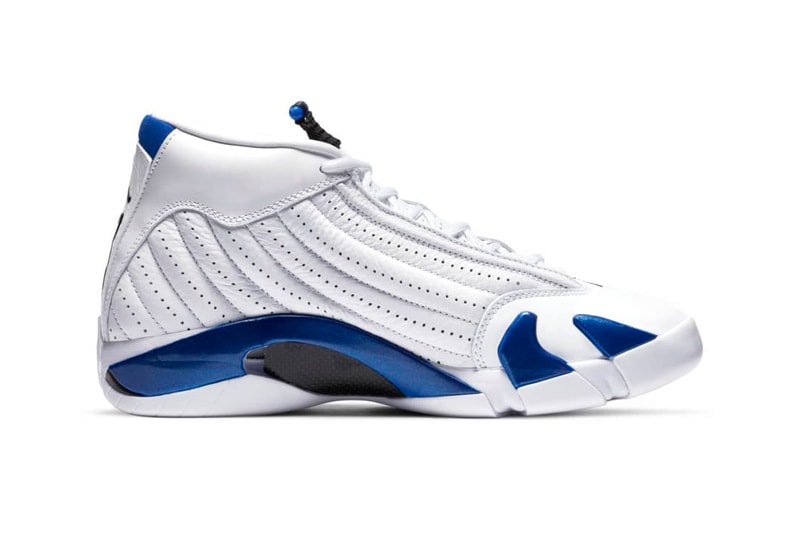 Air Jordan 14 "Hyper Royal" Release Information Basketball Sneaker Michael Jordan Flight AJ14 XIV Chicago Ferrari Logo Badge Jumpman Carbon Fiber Shank Supercars