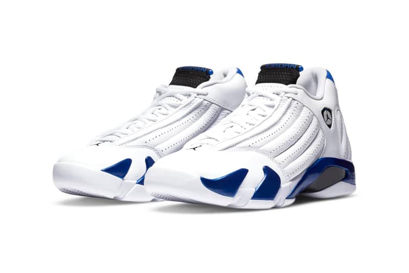 Air Jordan 14 "Hyper Royal" Release Information Basketball Sneaker Michael Jordan Flight AJ14 XIV Chicago Ferrari Logo Badge Jumpman Carbon Fiber Shank Supercars