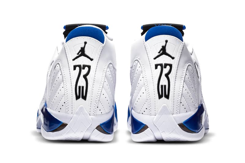 Air Jordan 14 "Hyper Royal" Release Information Basketball Sneaker Michael Jordan Flight AJ14 XIV Chicago Ferrari Logo Badge Jumpman Carbon Fiber Shank Supercars