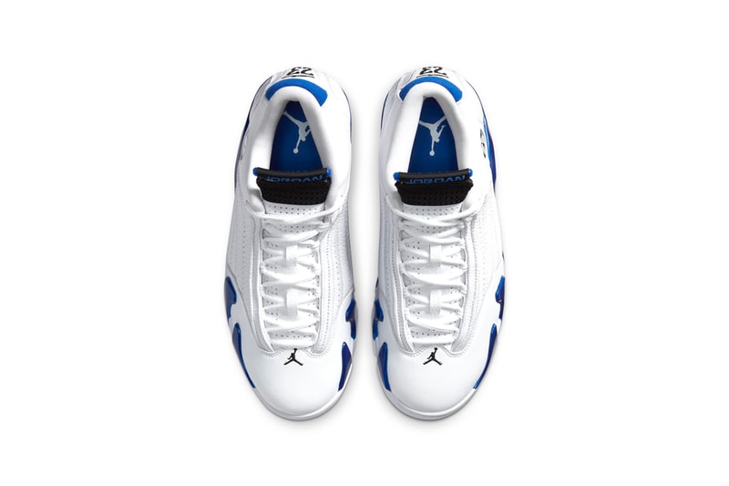 Air Jordan 14 "Hyper Royal" Release Information Basketball Sneaker Michael Jordan Flight AJ14 XIV Chicago Ferrari Logo Badge Jumpman Carbon Fiber Shank Supercars