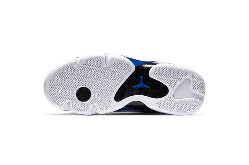 Air Jordan 14 "Hyper Royal" Release Information Basketball Sneaker Michael Jordan Flight AJ14 XIV Chicago Ferrari Logo Badge Jumpman Carbon Fiber Shank Supercars