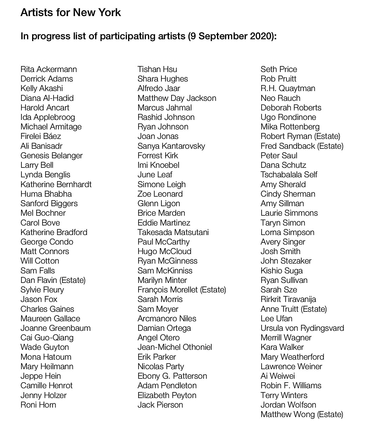 artists for new york hauser and wirth coronavirus pandemic relief effort