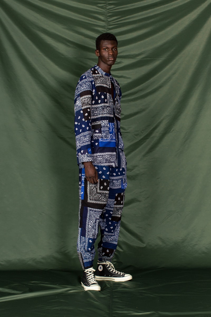 clothsurgeon PATCHWORK BANDANA_13 Collection Lookbook Rav Matharu Vintage Bandanas Patches Custom Reworked Pieces Saville Row Menswear Fashion Luxury Fishtail Parka Bowling Shirt Quilted Vest Collarless Jacket 