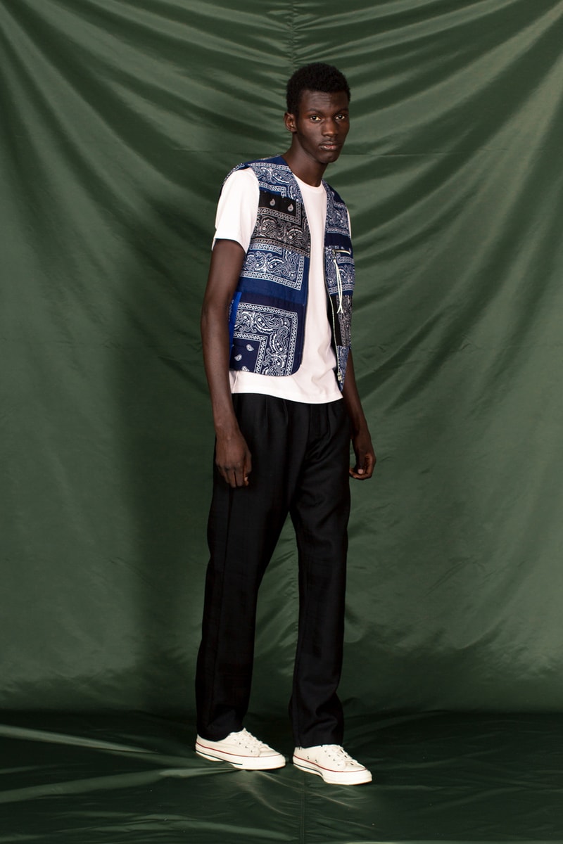 clothsurgeon PATCHWORK BANDANA_13 Collection Lookbook Rav Matharu Vintage Bandanas Patches Custom Reworked Pieces Saville Row Menswear Fashion Luxury Fishtail Parka Bowling Shirt Quilted Vest Collarless Jacket 