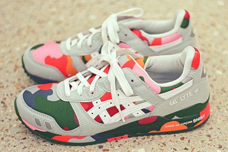 comme des garcons shirt asics gel lyte iii 3 grey white camo green pink olive red blue official release date info photos price store list buying guide