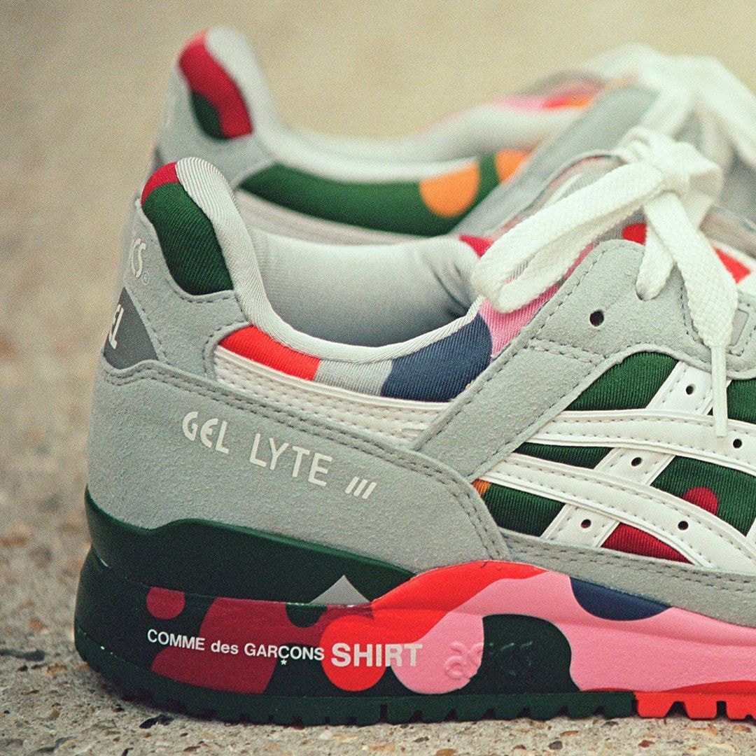 comme des garcons shirt asics gel lyte iii 3 grey white camo green pink olive red blue official release date info photos price store list buying guide