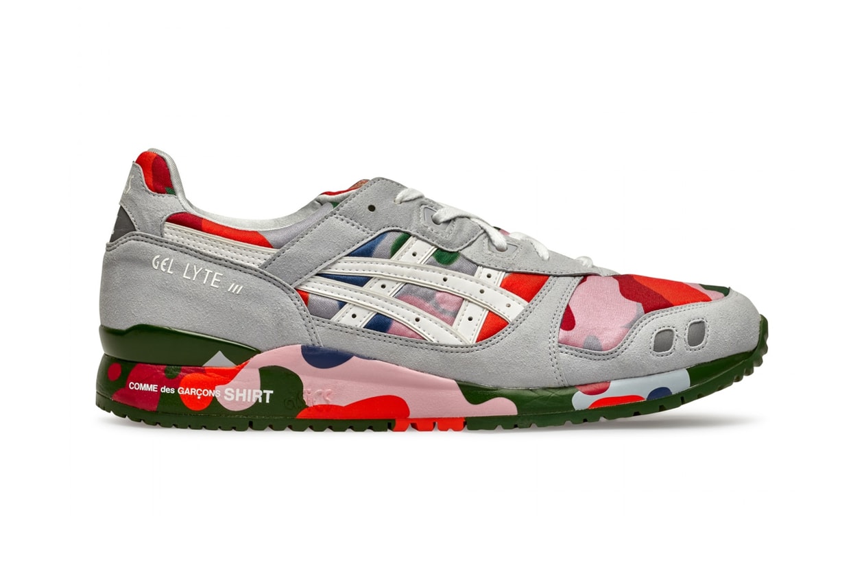 comme des garcons shirt asics gel lyte iii 3 grey white camo green pink olive red blue official release date info photos price store list buying guide