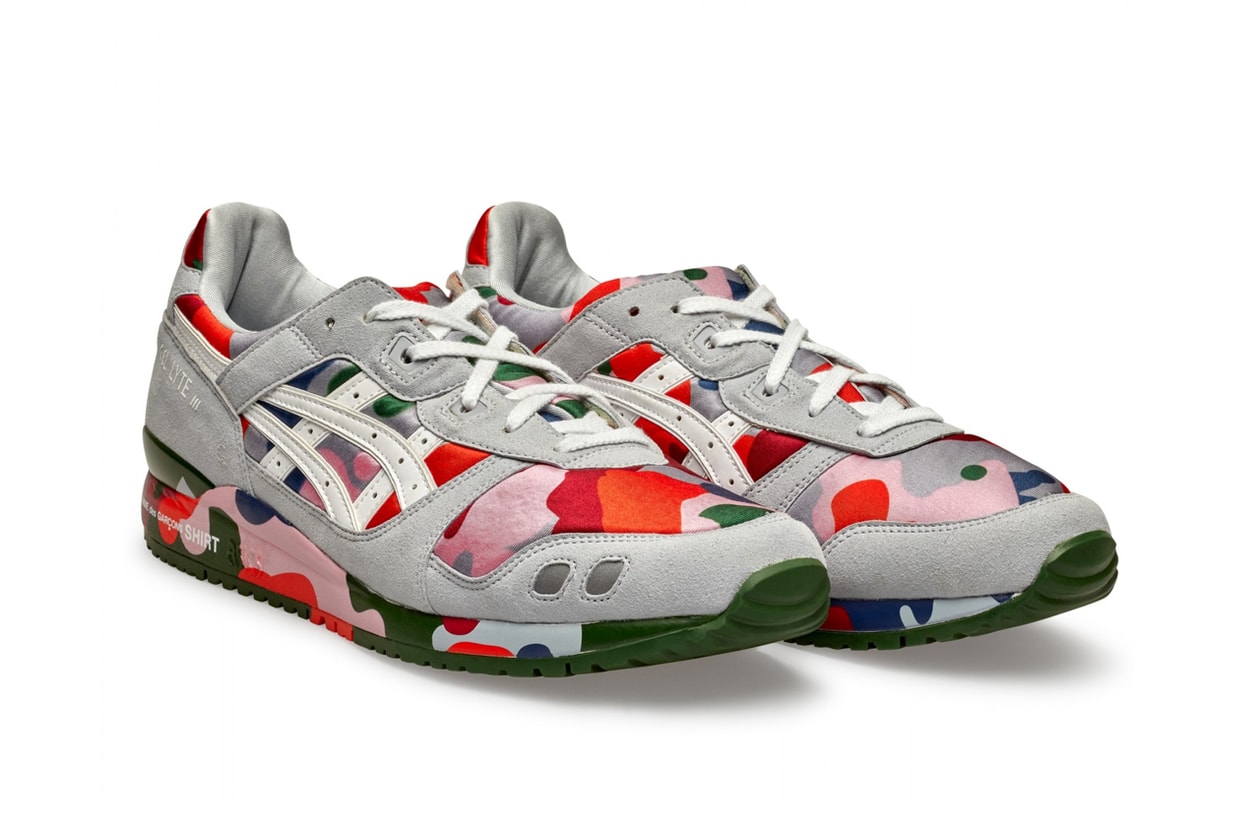 comme des garcons shirt asics gel lyte iii 3 grey white camo green pink olive red blue official release date info photos price store list buying guide