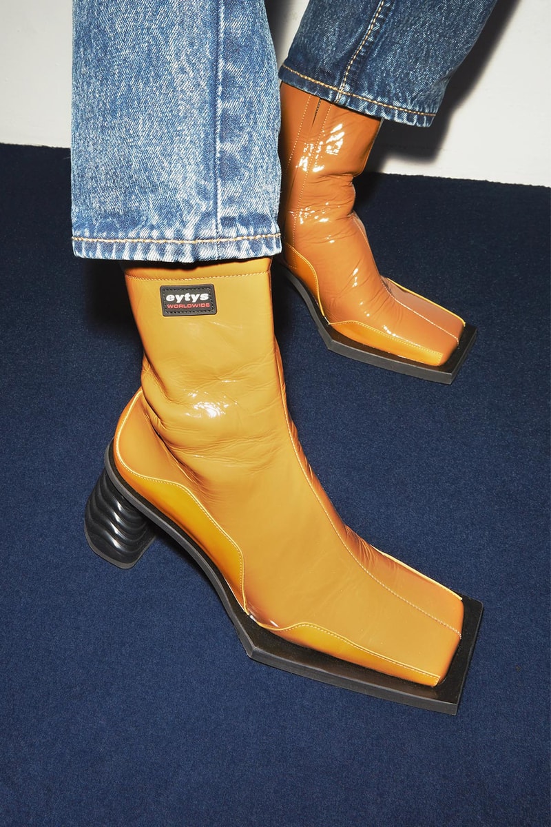 Eytys Gaia Boots Patent Tumbled Leather Avant Garde Square Toe Heeled Unisex Silhouette Luxury Footwear Fall Winter 2020 Brown Black Silver Spice 