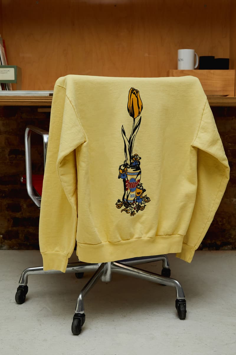 Closer look Verdy Minions Collection Hoodies T-Shrits Stickers Pins Bandanas Vick Minion Despicable Me playful design graphics flower vase