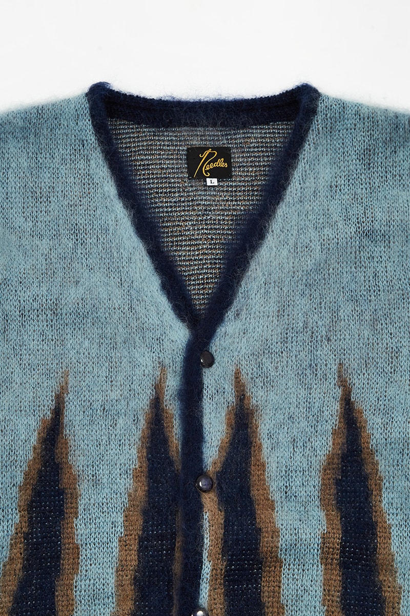 NEEDLES mohair cardigan plaid information release duck egg plum 1970s inspired release goodhood london