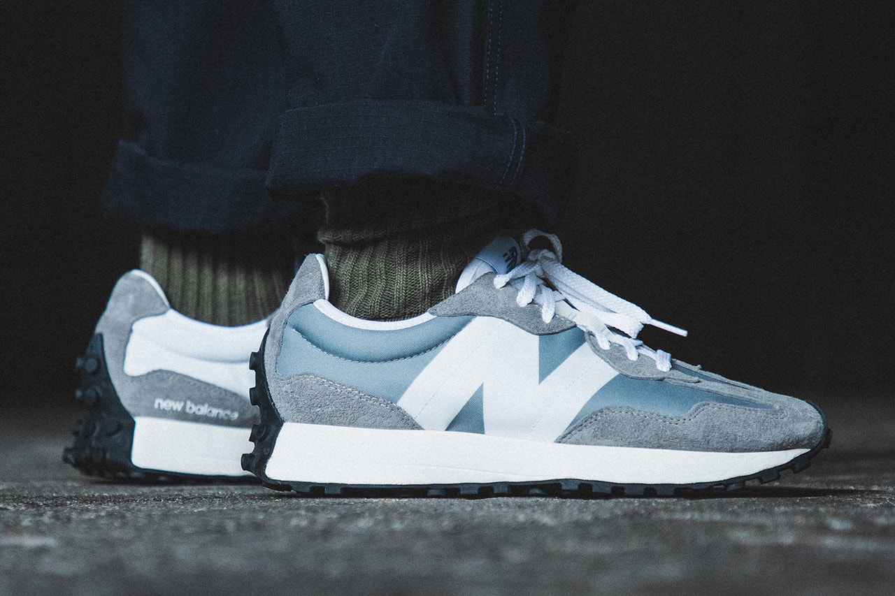 New Balance 327 "Gray/White" Re-Release Raffle Stock HBX On Foot Images Sneaker Release Information Split Pack Leather Suede Nylon 70s Inspired Vintage Retro Runner