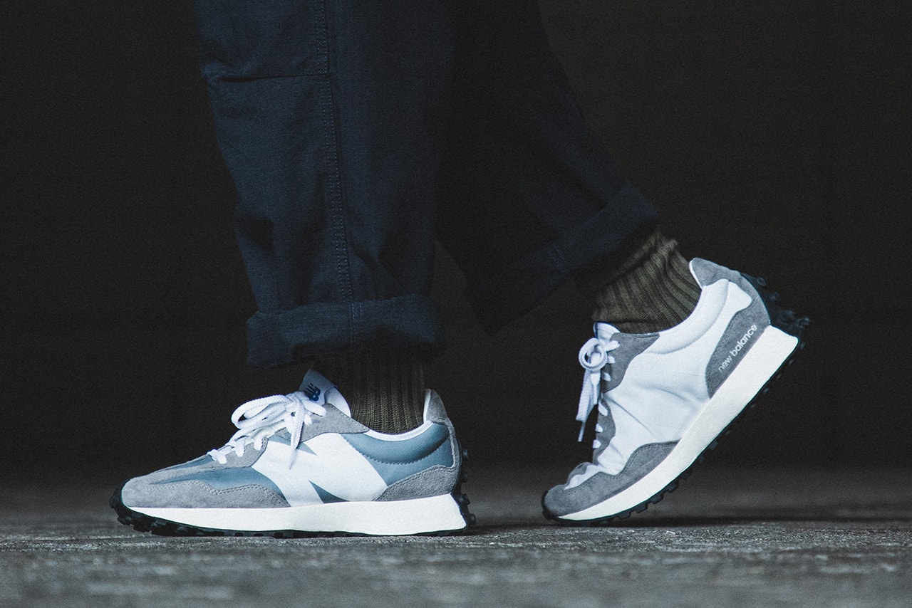 New Balance 327 "Gray/White" Re-Release Raffle Stock HBX On Foot Images Sneaker Release Information Split Pack Leather Suede Nylon 70s Inspired Vintage Retro Runner
