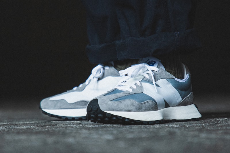 New Balance 327 "Gray/White" Re-Release Raffle Stock HBX On Foot Images Sneaker Release Information Split Pack Leather Suede Nylon 70s Inspired Vintage Retro Runner