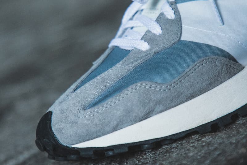 New Balance 327 "Gray/White" Re-Release Raffle Stock HBX On Foot Images Sneaker Release Information Split Pack Leather Suede Nylon 70s Inspired Vintage Retro Runner