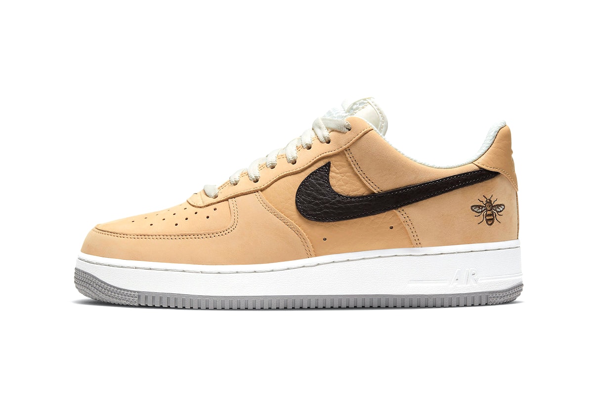 Nike Air Force 1 "Manchester Bee" DC1939-200 Sneaker Release Information British England United Kingdom Footwear Drop Date Closer First Look Embroidery Tan Suede Tumbled Leather Swoosh AF1