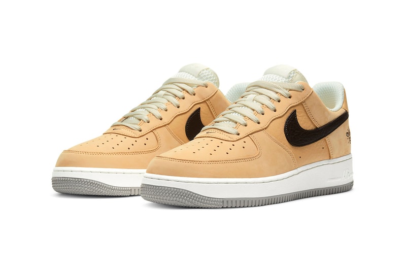 Nike Air Force 1 "Manchester Bee" DC1939-200 Sneaker Release Information British England United Kingdom Footwear Drop Date Closer First Look Embroidery Tan Suede Tumbled Leather Swoosh AF1