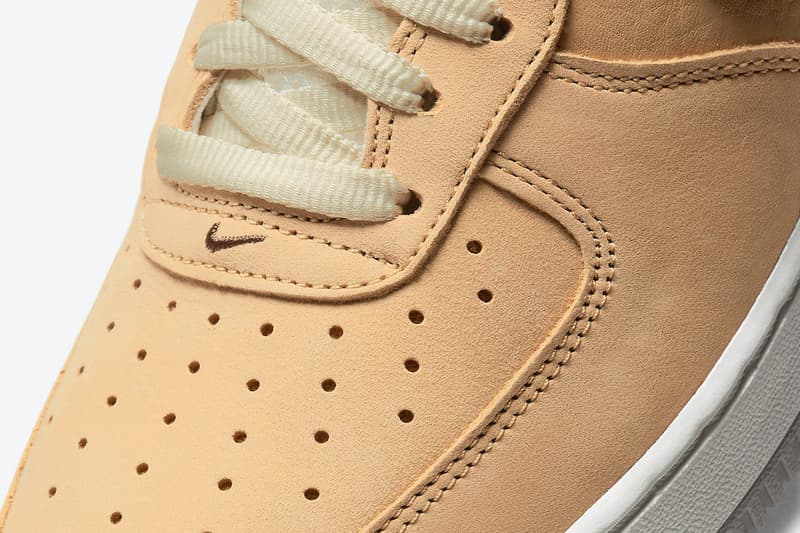 Nike Air Force 1 "Manchester Bee" DC1939-200 Sneaker Release Information British England United Kingdom Footwear Drop Date Closer First Look Embroidery Tan Suede Tumbled Leather Swoosh AF1