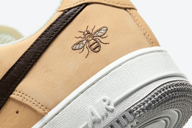 Nike Air Force 1 "Manchester Bee" DC1939-200 Sneaker Release Information British England United Kingdom Footwear Drop Date Closer First Look Embroidery Tan Suede Tumbled Leather Swoosh AF1