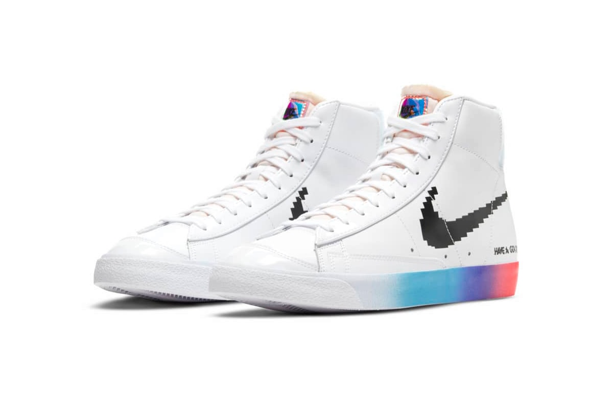 Nike Blazer Mid '77 Air Max 90 "Good Game" Womens WMNS Sneaker Release Information Computer Game 8-Bit Graphic Swoosh Rainbow Sole Unit White Leather 