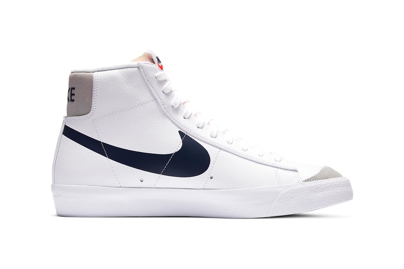 Nike Blazer Mid '77 "White/Sail/Summit White/Midnight Navy" DA4651-100 OG Basketball Sneaker Footwear Release Information Closer Look Double Swoosh Logo Tick 