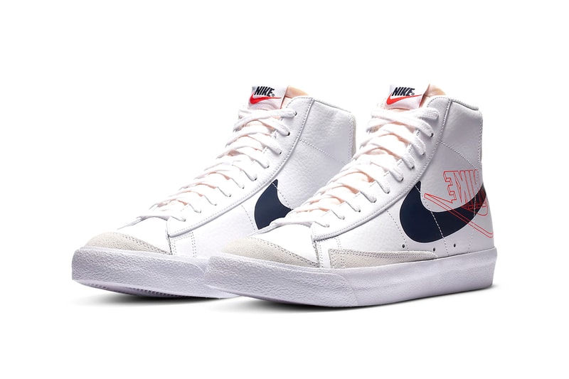 Nike Blazer Mid '77 "White/Sail/Summit White/Midnight Navy" DA4651-100 OG Basketball Sneaker Footwear Release Information Closer Look Double Swoosh Logo Tick 