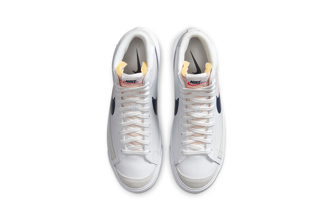 Nike Blazer Mid '77 "White/Sail/Summit White/Midnight Navy" DA4651-100 OG Basketball Sneaker Footwear Release Information Closer Look Double Swoosh Logo Tick 