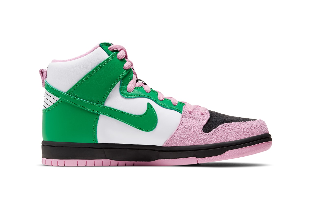 nike sb skateboarding dunk high invert celtics CU7349 001 black pink rise lucky green white official release date info photos price store list buying guide