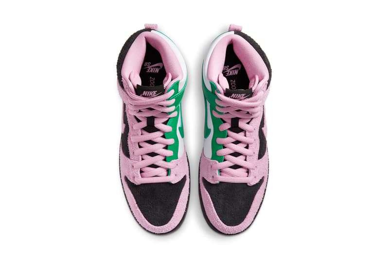 nike sb skateboarding dunk high invert celtics CU7349 001 black pink rise lucky green white official release date info photos price store list buying guide