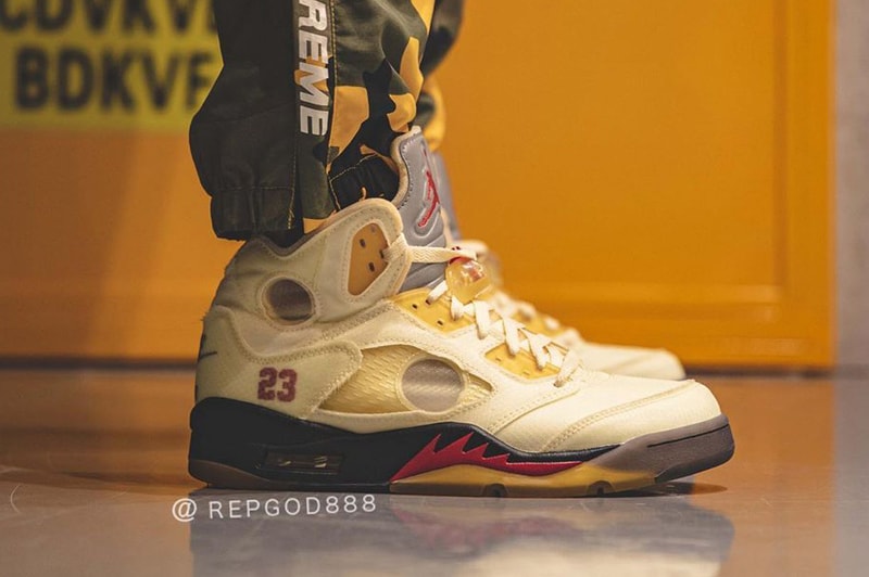off white air jordan brand 5 sail black fire red red DH8565 100 virgil abloh first official detailed look release date info photos price store raffle on foot list buying guide