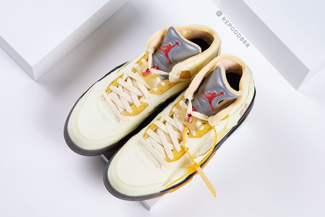 off white air jordan brand 5 sail black fire red red DH8565 100 virgil abloh first official detailed look release date info photos price store raffle on foot list buying guide