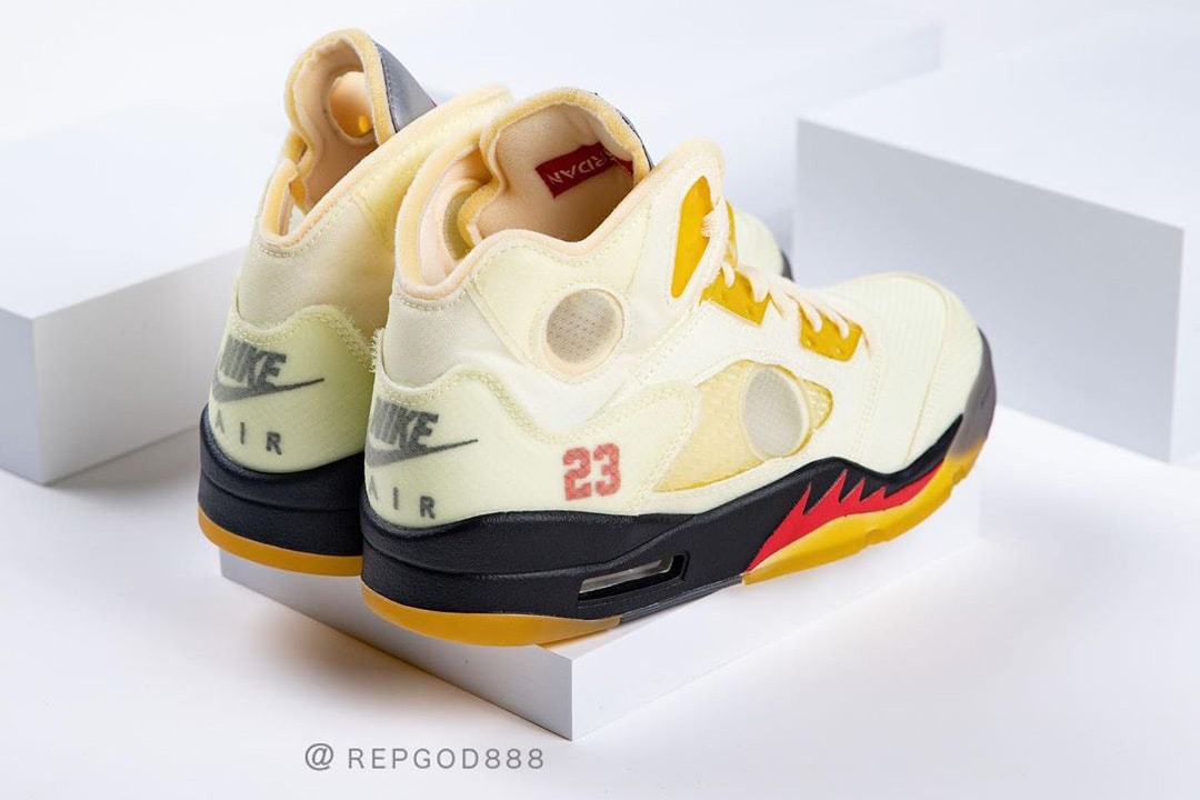 off white air jordan brand 5 sail black fire red red DH8565 100 virgil abloh first official detailed look release date info photos price store raffle on foot list buying guide