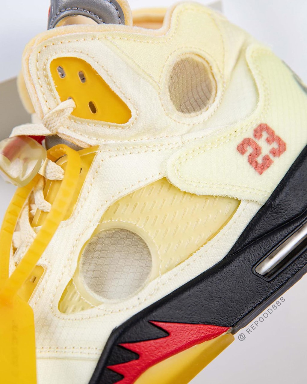 off white air jordan brand 5 sail black fire red red DH8565 100 virgil abloh first official detailed look release date info photos price store raffle on foot list buying guide