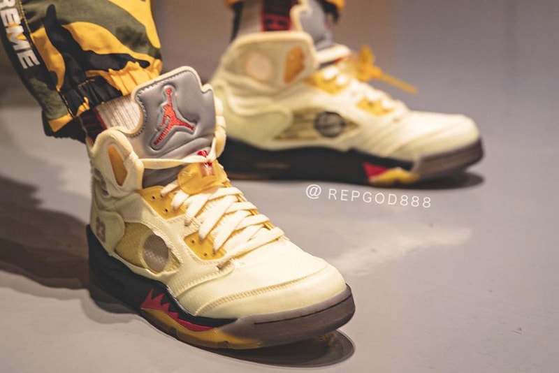 off white air jordan brand 5 sail black fire red red DH8565 100 virgil abloh first official detailed look release date info photos price store raffle on foot list buying guide