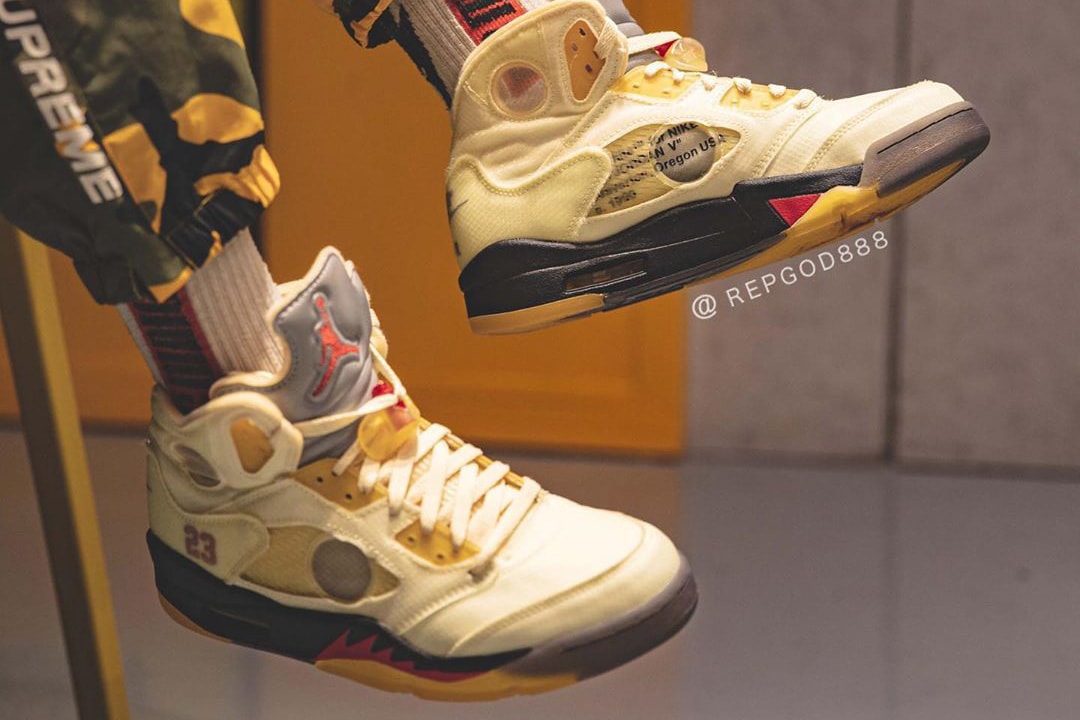 off white air jordan brand 5 sail black fire red red DH8565 100 virgil abloh first official detailed look release date info photos price store raffle on foot list buying guide