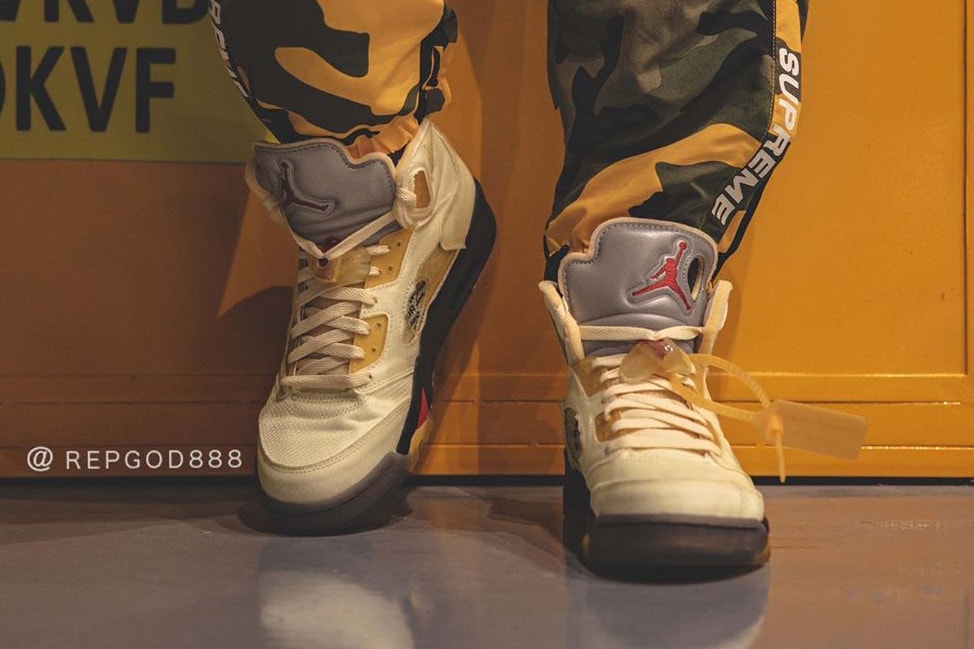 off white air jordan brand 5 sail black fire red red DH8565 100 virgil abloh first official detailed look release date info photos price store raffle on foot list buying guide